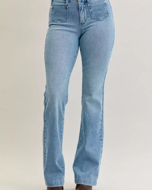 Judy Blue Full Size Mid Rise Bootcut Jeans with Contrast Wash & Front Patch Pockets Plus Size - Sleekdenim.com