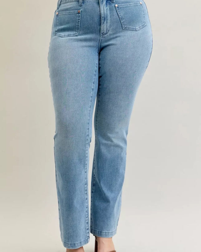 Judy Blue Full Size Mid Rise Bootcut Jeans with Contrast Wash & Front Patch Pockets Plus Size - Sleekdenim.com
