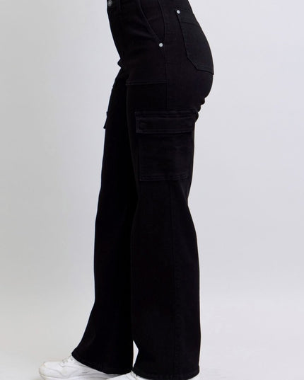 Judy Blue High Waist Cargo Wide Leg Black Denim Jeans 88886 - Sleekdenim.com