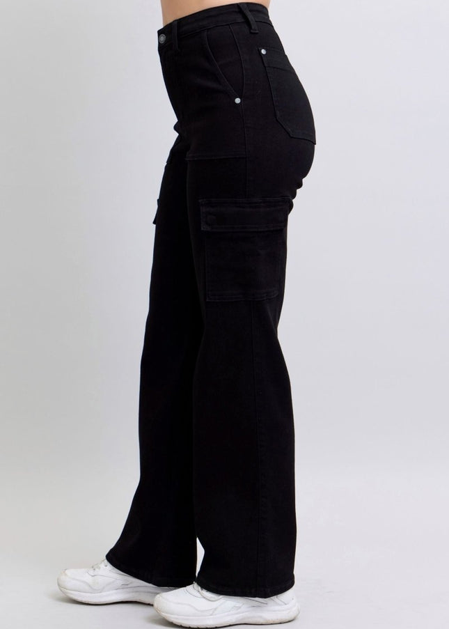 Judy Blue High Waist Cargo Wide Leg Black Denim Jeans 88886 - Sleekdenim.com