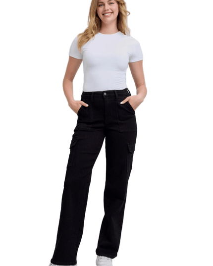 Judy Blue High Waist Cargo Wide Leg Black Denim Jeans 88886 - Sleekdenim.com