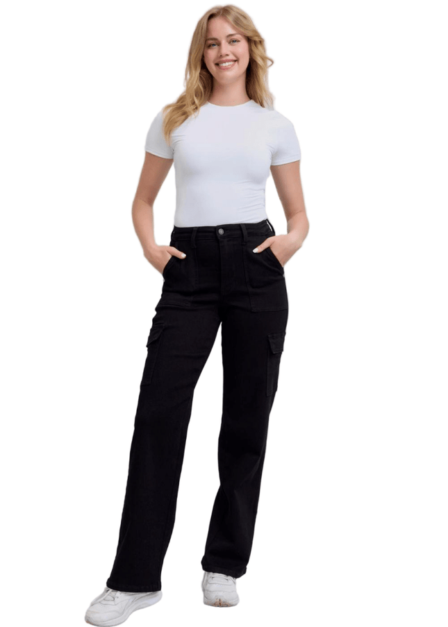 Judy Blue High Waist Cargo Wide Leg Black Denim Jeans 88886 - Sleekdenim.com