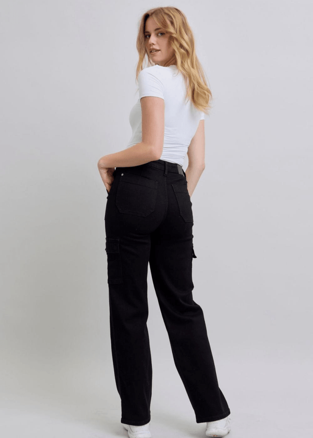 Judy Blue High Waist Cargo Wide Leg Black Denim Jeans 88886 - Sleekdenim.com