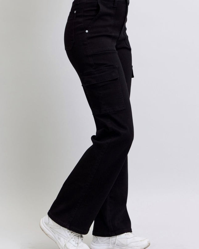 Judy Blue High Waist Cargo Wide Leg Black Denim Jeans 88886 - Sleekdenim.com