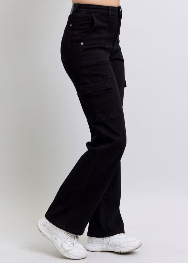 Judy Blue High Waist Cargo Wide Leg Black Denim Jeans 88886 - Sleekdenim.com