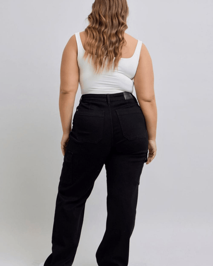 Judy Blue High Waist Cargo Wide Leg Black Denim Jeans 88886 - Sleekdenim.com