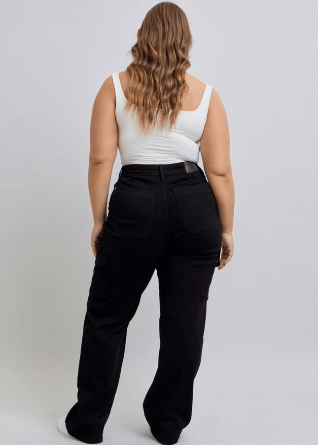 Judy Blue High Waist Cargo Wide Leg Black Denim Jeans 88886 - Sleekdenim.com
