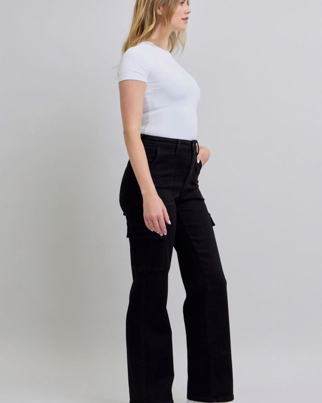 Judy Blue High Waist Cargo Wide Leg Black Denim Jeans 88886 - Sleekdenim.com