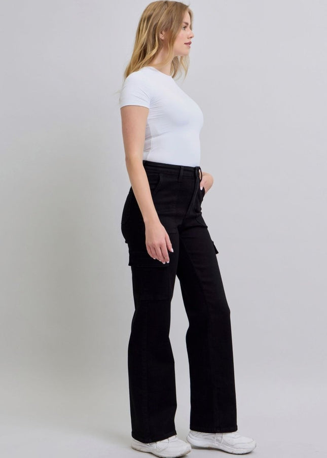 Judy Blue High Waist Cargo Wide Leg Black Denim Jeans 88886 - Sleekdenim.com