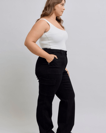 Judy Blue High Waist Cargo Wide Leg Black Denim Jeans 88886 - Sleekdenim.com