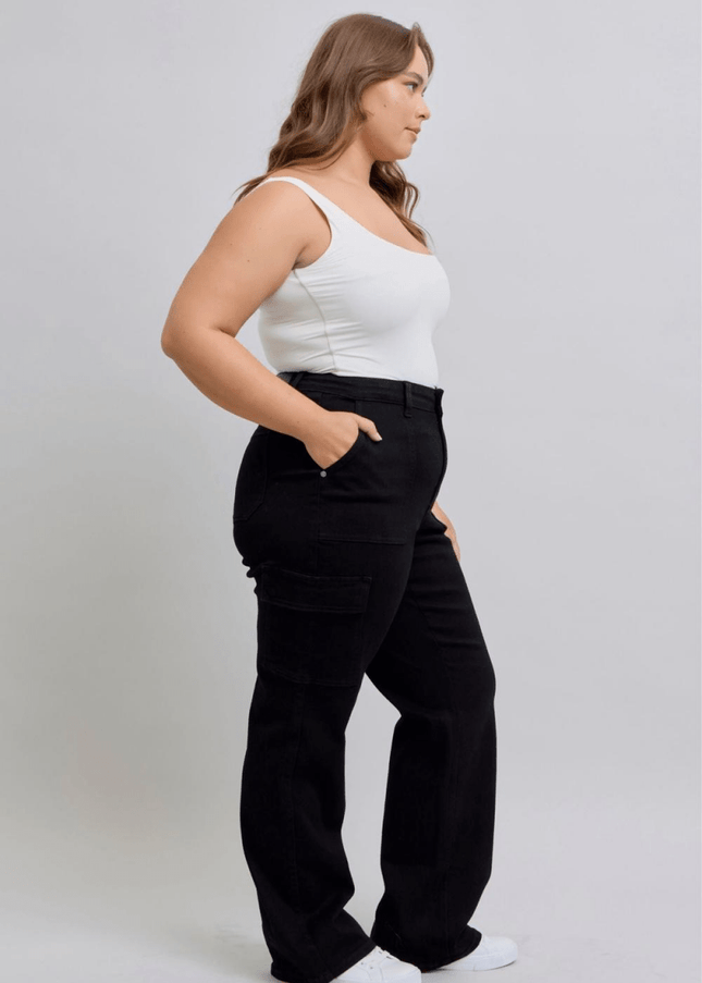 Judy Blue High Waist Cargo Wide Leg Black Denim Jeans 88886 - Sleekdenim.com