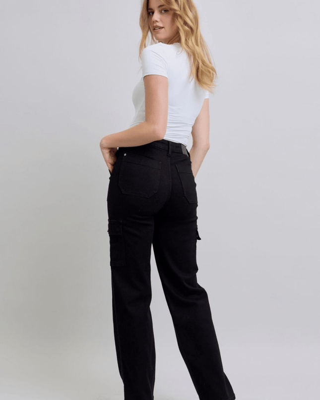 Judy Blue High Waist Cargo Wide Leg Black Denim Jeans 88886 - Sleekdenim.com
