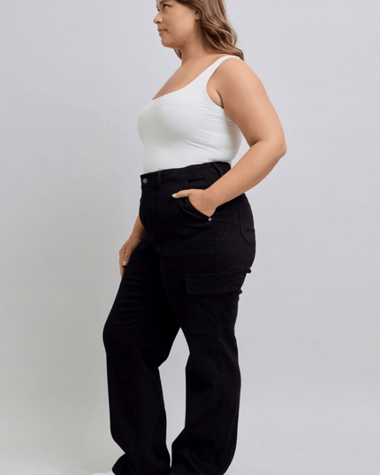 Judy Blue High Waist Cargo Wide Leg Black Denim Jeans 88886 - Sleekdenim.com