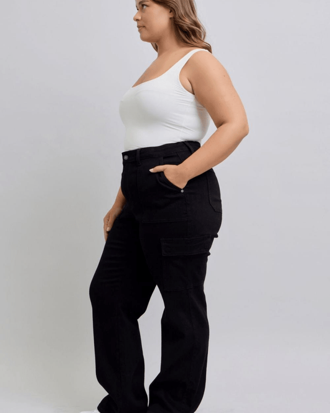 Judy Blue High Waist Cargo Wide Leg Black Denim Jeans 88886 - Sleekdenim.com