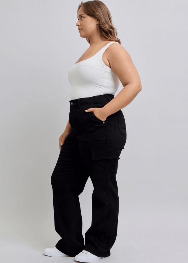 Judy Blue High Waist Cargo Wide Leg Black Denim Jeans 88886 - Sleekdenim.com