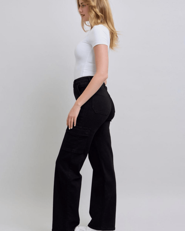 Judy Blue High Waist Cargo Wide Leg Black Denim Jeans 88886 - Sleekdenim.com