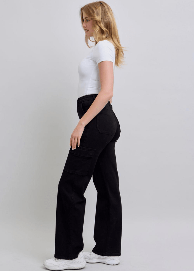 Judy Blue High Waist Cargo Wide Leg Black Denim Jeans 88886 - Sleekdenim.com