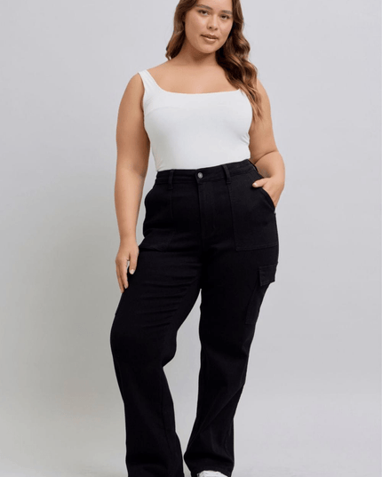 Judy Blue High Waist Cargo Wide Leg Black Denim Jeans 88886 - Sleekdenim.com