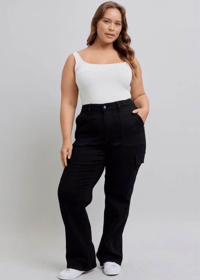 Judy Blue High Waist Cargo Wide Leg Black Denim Jeans 88886 - Sleekdenim.com