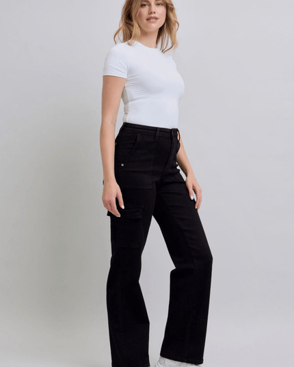 Judy Blue High Waist Cargo Wide Leg Black Denim Jeans 88886 - Sleekdenim.com