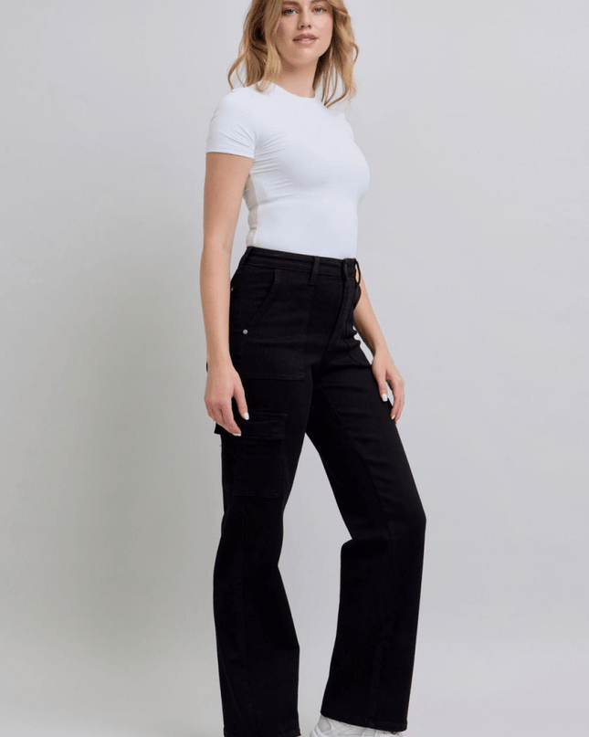 Judy Blue High Waist Cargo Wide Leg Black Denim Jeans 88886 - Sleekdenim.com
