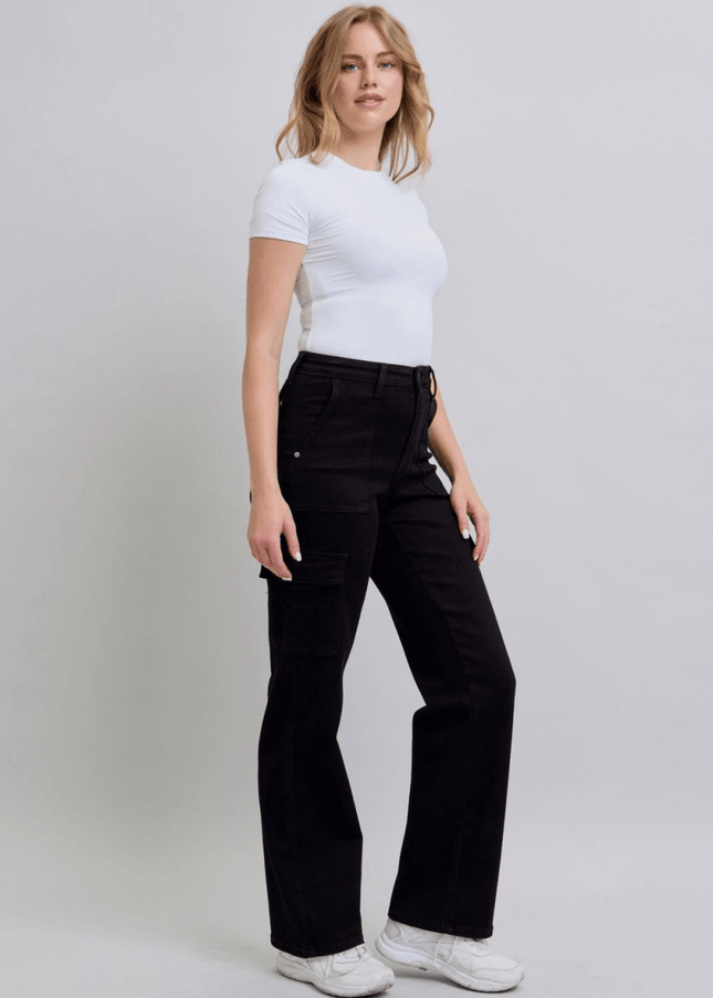 Judy Blue High Waist Cargo Wide Leg Black Denim Jeans 88886 - Sleekdenim.com