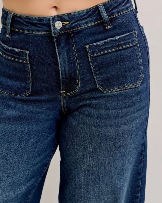 Judy Blue High Waist Palazzo Jeans with Front Patch Pockets - Sleekdenim.com