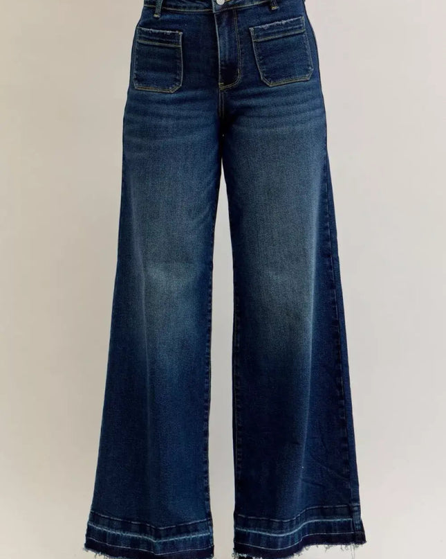 Judy Blue High Waist Palazzo Jeans with Front Patch Pockets - Sleekdenim.com