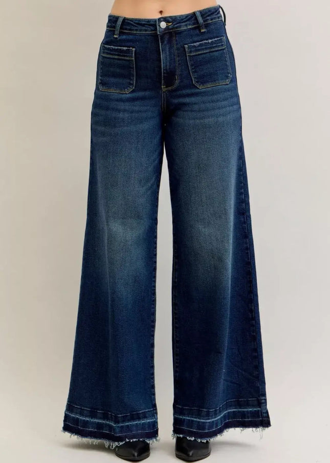 Judy Blue High Waist Palazzo Jeans with Front Patch Pockets - Sleekdenim.com