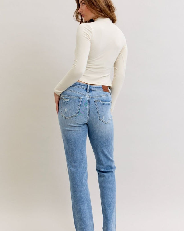Judy Blue Mid Rise Light Wash Destroyed 90's Straight Leg Jeans - 881010 - Sleekdenim.com