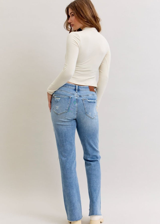 Judy Blue Mid Rise Light Wash Destroyed 90's Straight Leg Jeans - 881010 - Sleekdenim.com