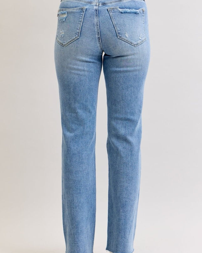 Judy Blue Mid Rise Light Wash Destroyed 90's Straight Leg Jeans - 881010 - Sleekdenim.com