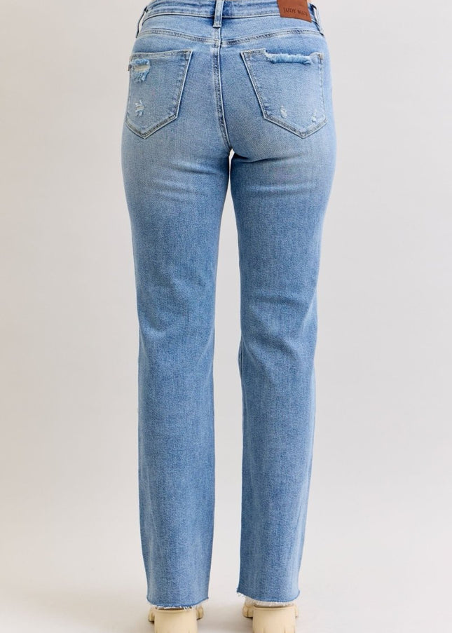 Judy Blue Mid Rise Light Wash Destroyed 90's Straight Leg Jeans - 881010 - Sleekdenim.com