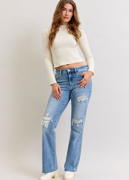 Judy Blue Mid Rise Light Wash Destroyed 90's Straight Leg Jeans - 881010 - Sleekdenim.com