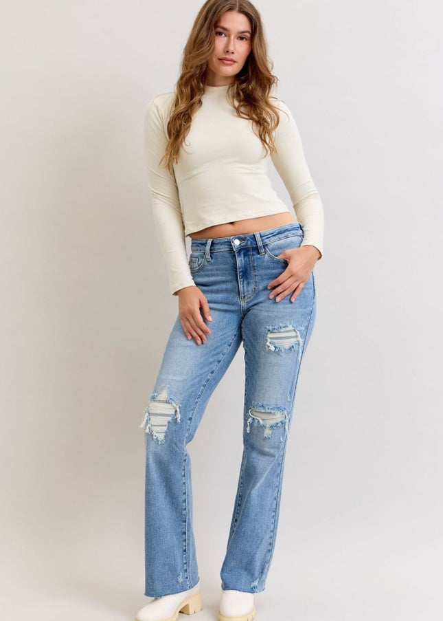 Judy Blue Mid Rise Light Wash Destroyed 90's Straight Leg Jeans - 881010 - Sleekdenim.com
