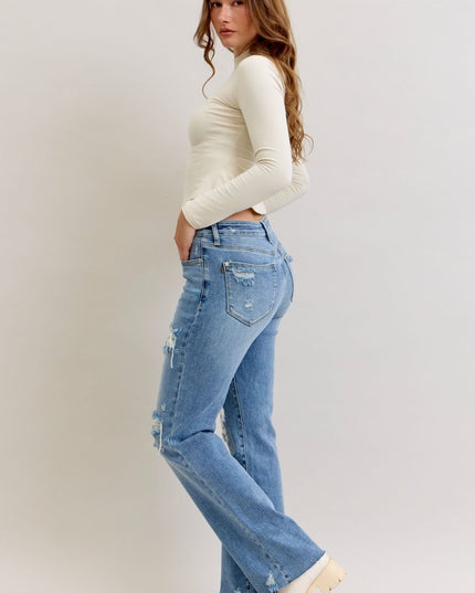 Judy Blue Mid Rise Light Wash Destroyed 90's Straight Leg Jeans - 881010 - Sleekdenim.com