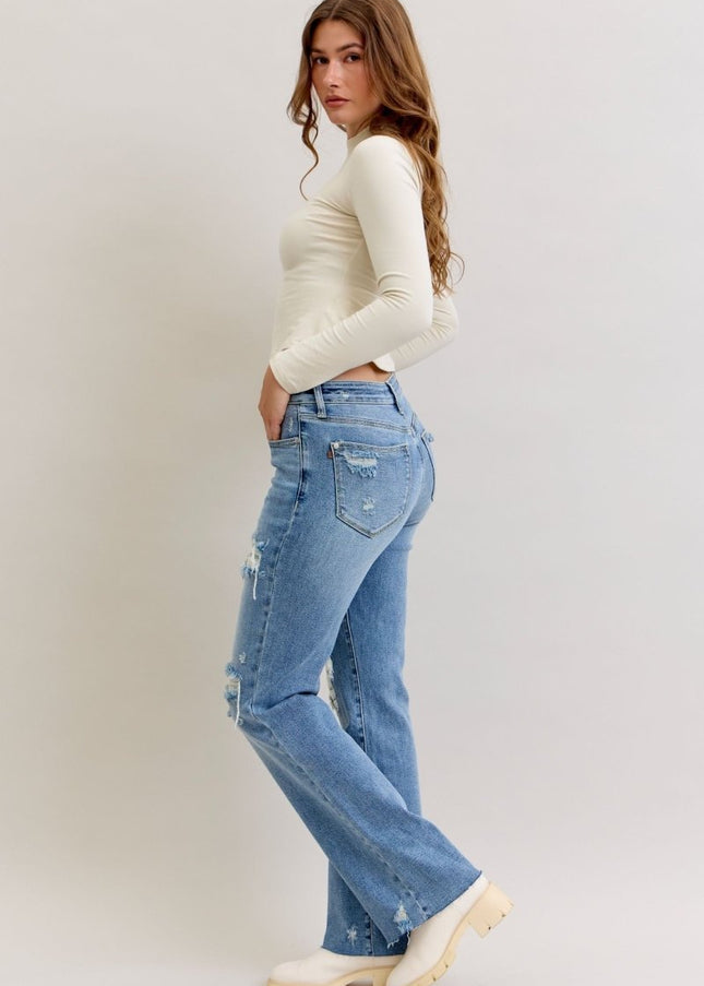 Judy Blue Mid Rise Light Wash Destroyed 90's Straight Leg Jeans - 881010 - Sleekdenim.com