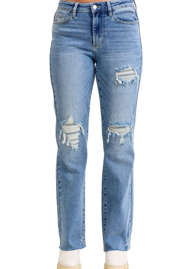 Judy Blue Mid Rise Light Wash Destroyed 90's Straight Leg Jeans - 881010 - Sleekdenim.com
