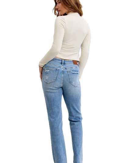 Judy Blue Mid Rise Light Wash Destroyed 90's Straight Leg Jeans - 881010 - Sleekdenim.com