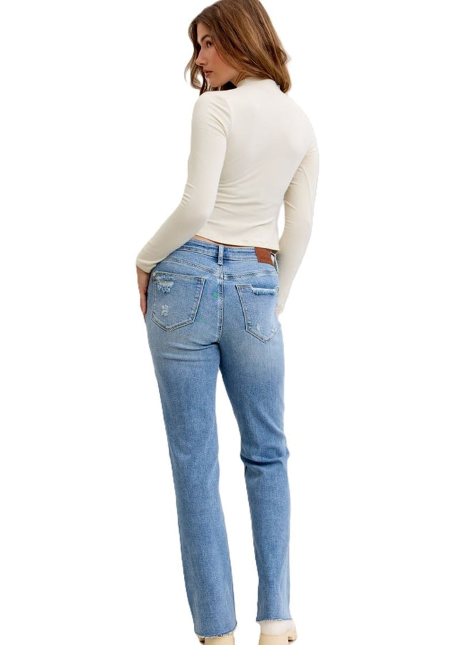 Judy Blue Mid Rise Light Wash Destroyed 90's Straight Leg Jeans - 881010 - Sleekdenim.com