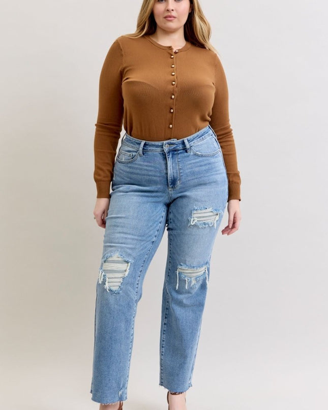 Judy Blue Mid Rise Light Wash Destroyed 90's Straight Leg Jeans - 881010 - Sleekdenim.com