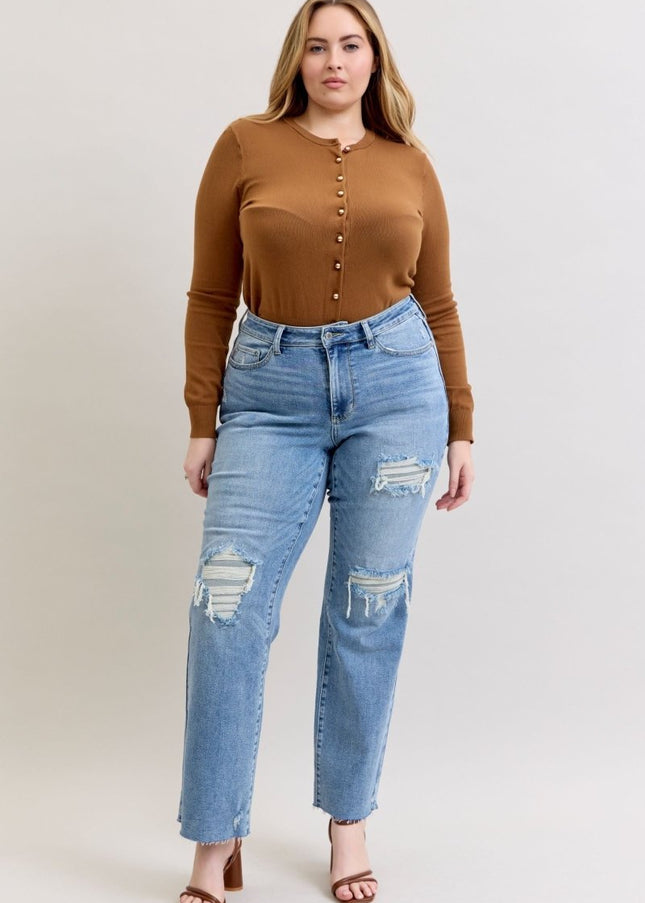 Judy Blue Mid Rise Light Wash Destroyed 90's Straight Leg Jeans - 881010 - Sleekdenim.com