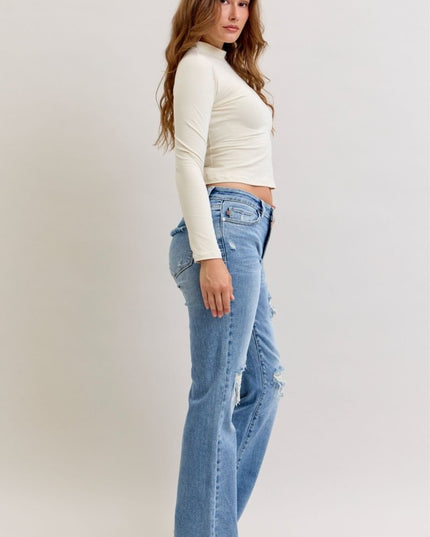 Judy Blue Mid Rise Light Wash Destroyed 90's Straight Leg Jeans - 881010 - Sleekdenim.com