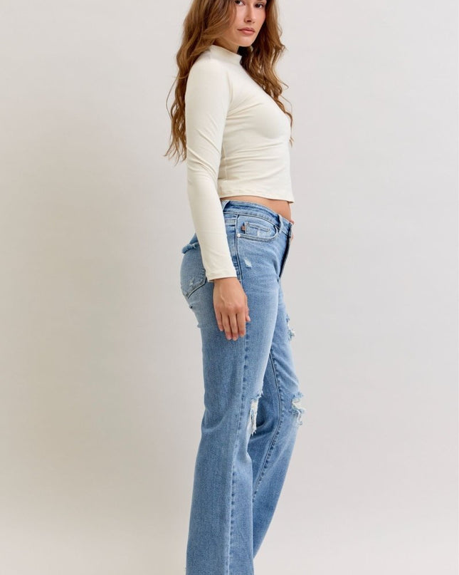 Judy Blue Mid Rise Light Wash Destroyed 90's Straight Leg Jeans - 881010 - Sleekdenim.com