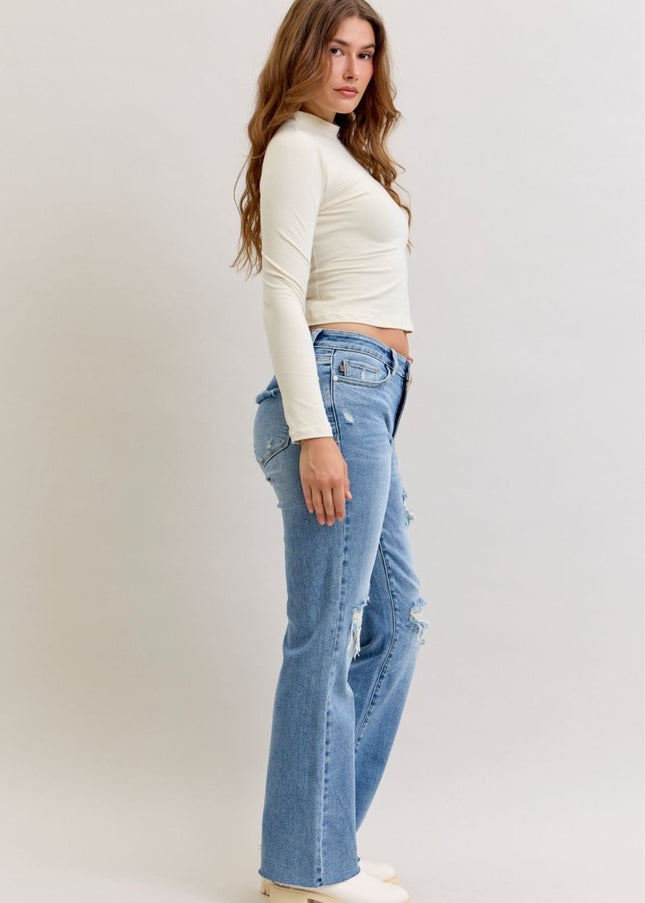 Judy Blue Mid Rise Light Wash Destroyed 90's Straight Leg Jeans - 881010 - Sleekdenim.com