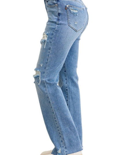 Judy Blue Mid Rise Light Wash Destroyed 90's Straight Leg Jeans - 881010 - Sleekdenim.com