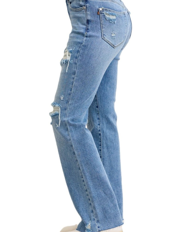 Judy Blue Mid Rise Light Wash Destroyed 90's Straight Leg Jeans - 881010 - Sleekdenim.com