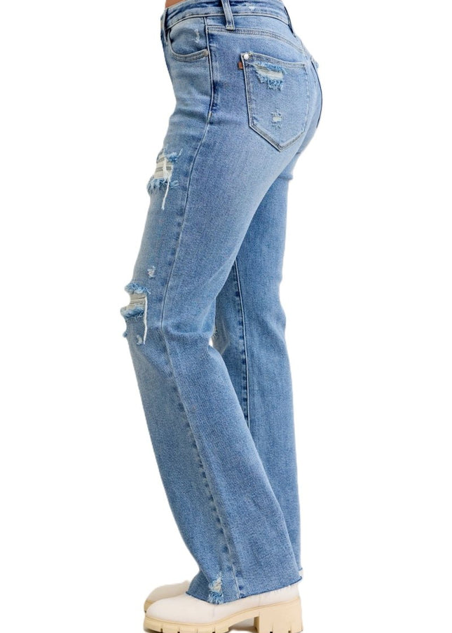 Judy Blue Mid Rise Light Wash Destroyed 90's Straight Leg Jeans - 881010 - Sleekdenim.com