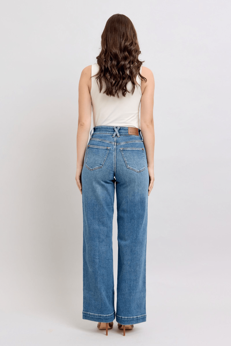 Judy Blue SUPERSTAR Double Button High Rise Star Wide Leg Jeans - Sleekdenim.com