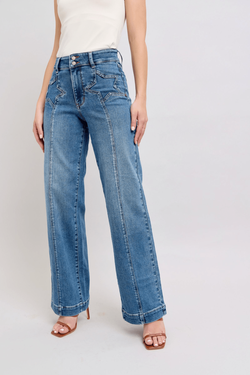 Judy Blue SUPERSTAR Double Button High Rise Star Wide Leg Jeans - Sleekdenim.com